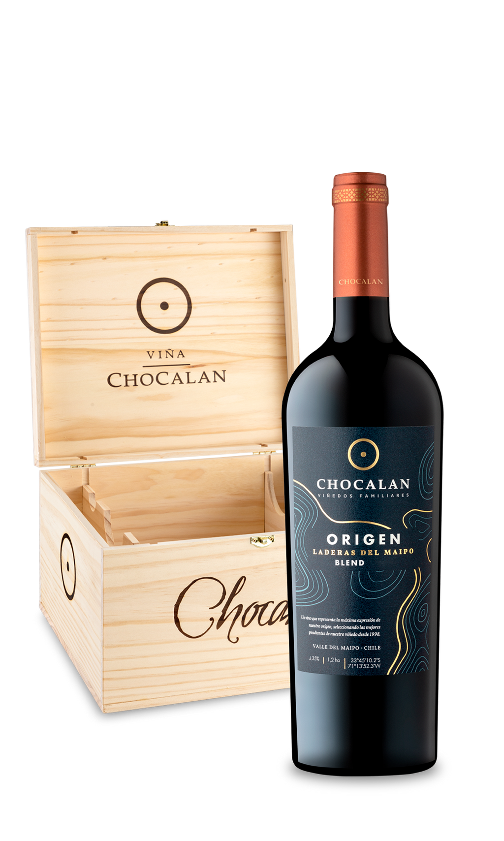 Caja madera con 6 vinos Chocalan Origen Gran Reserva Laderas del Maipo Blend