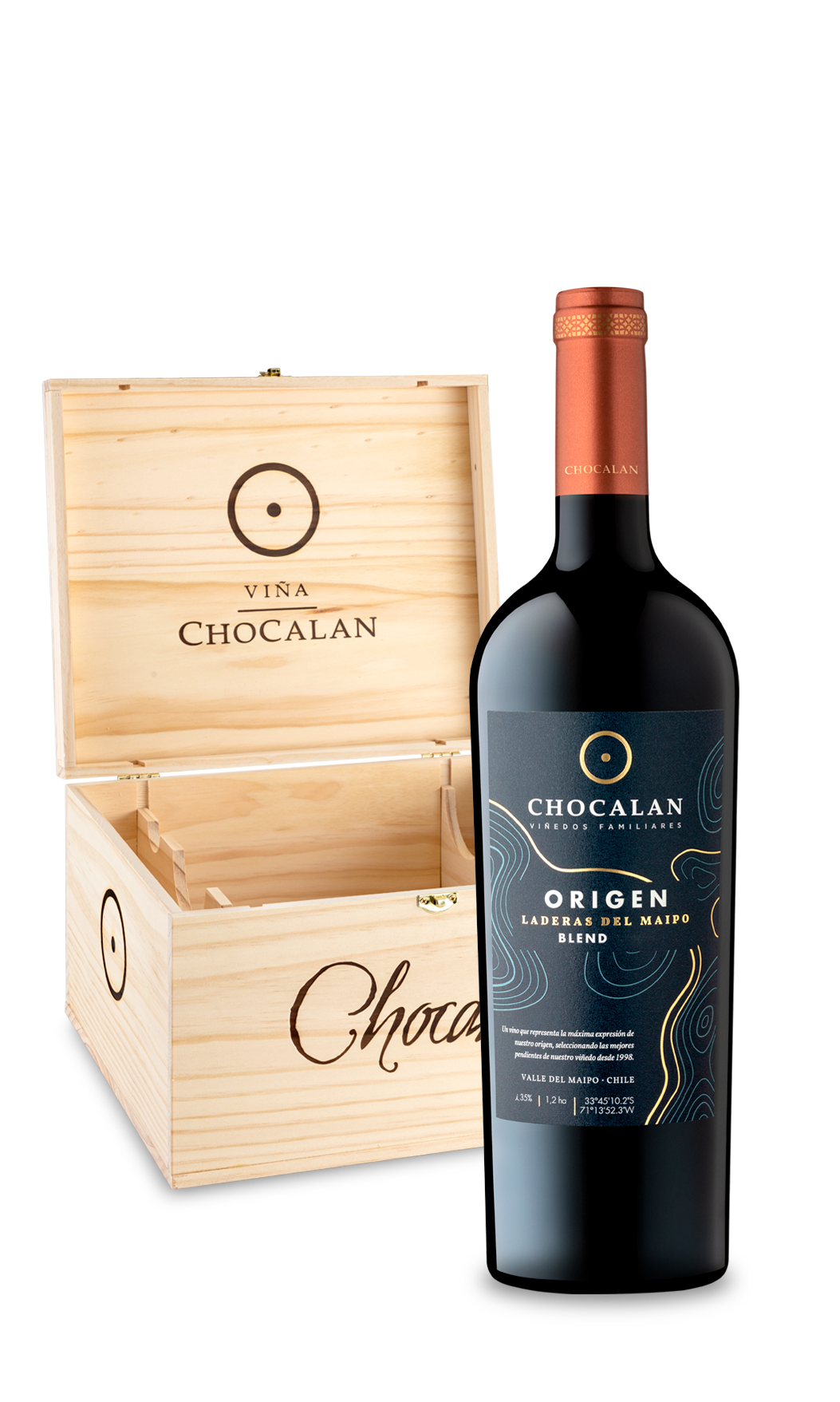 Caja madera con 6 vinos Chocalan Origen Gran Reserva Laderas del Maipo Blend